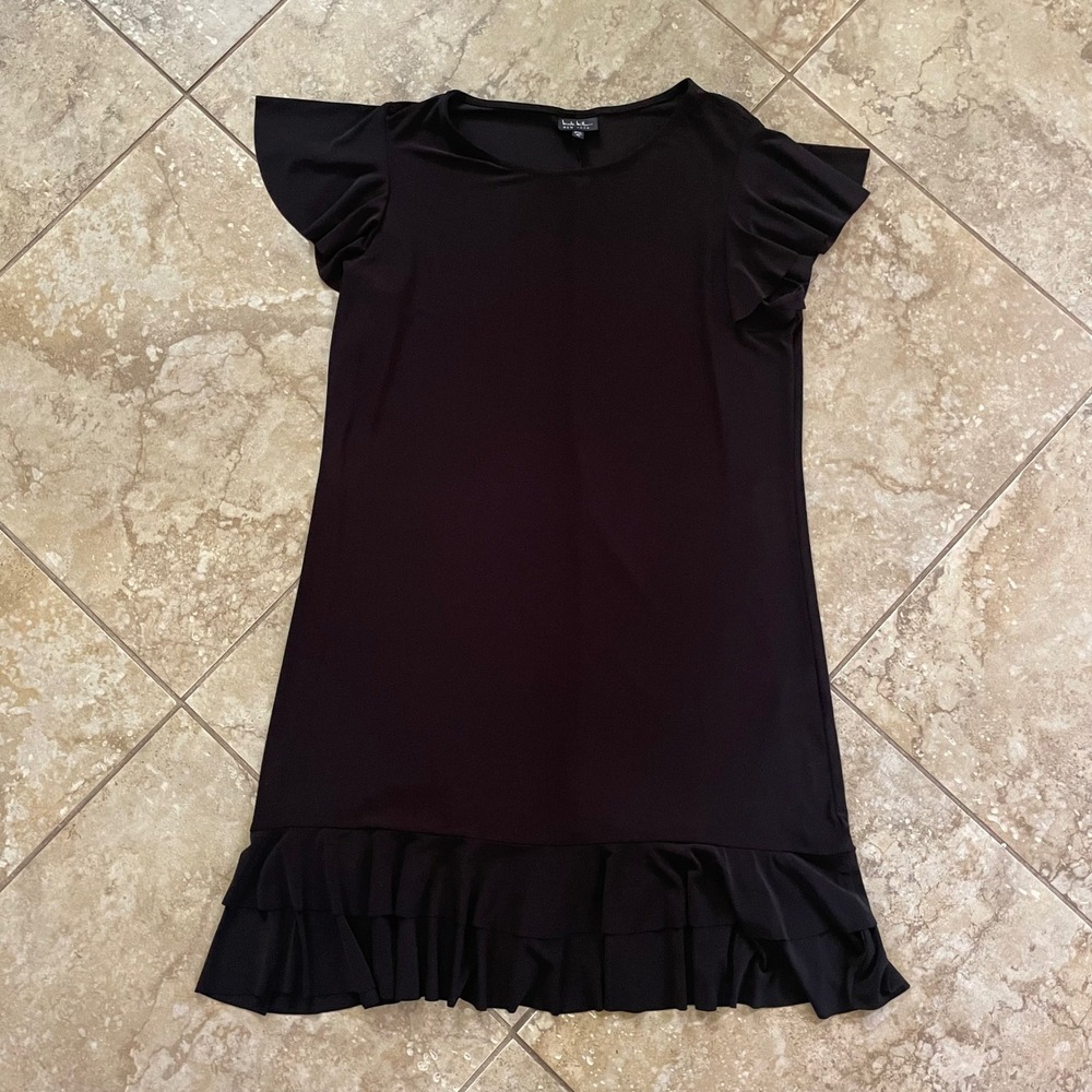Nicole Miller New York Black Ruffle Hem Flutter Sleeve Shift Dress XL USA